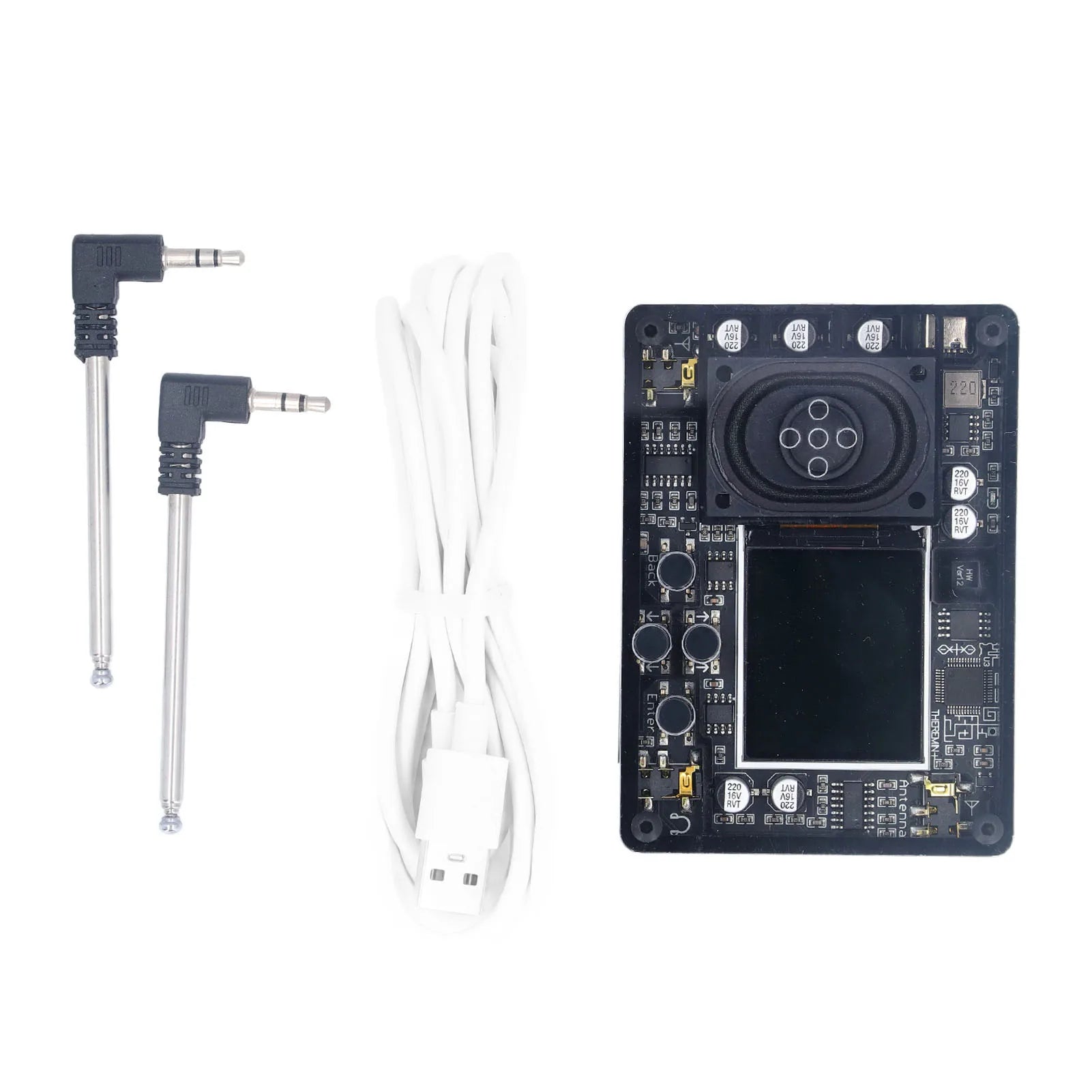 Black theremin kit electronic with integrated speaker, screen display, two silver antennas, and white usb cable musical instrument gift