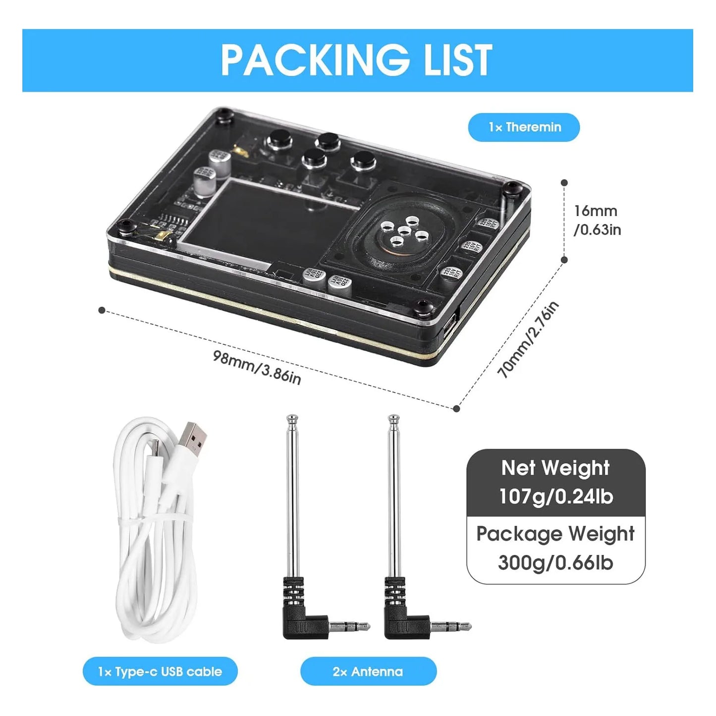 Black and transparent plastic housing theremin kit electronic with visible circuitry knobs control buttons and screen display