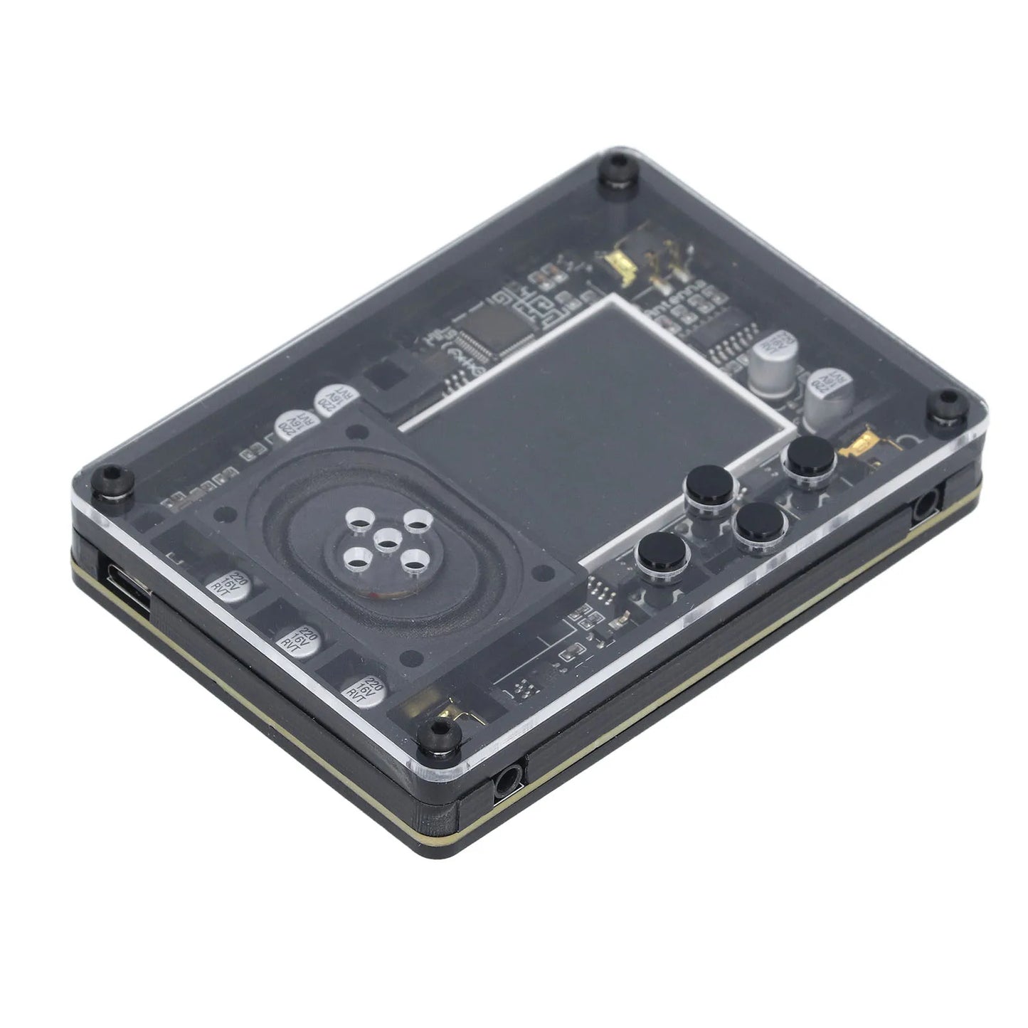 Transparent acrylic case housing a black circuit board for theremin kit electronic mini musical instrument gift with screen display