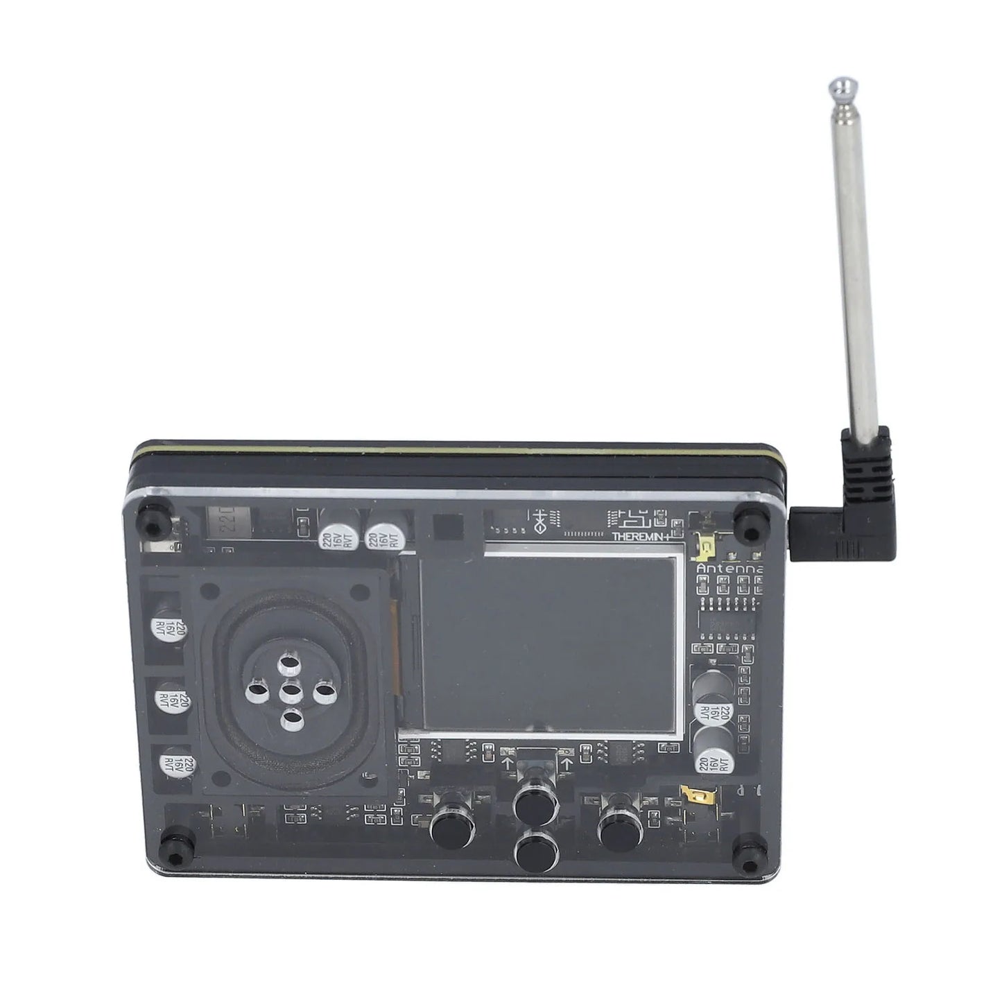 Transparent acrylic case housing a black circuit board with screen and extendable antenna for theremin kit electronic musical instrument gift