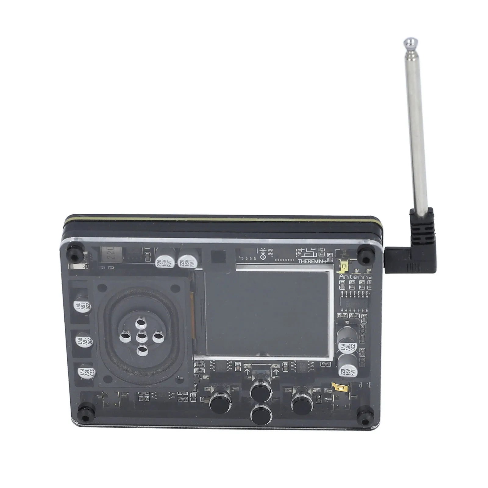 Transparent acrylic case housing a black circuit board with screen and extendable antenna for theremin kit electronic musical instrument gift