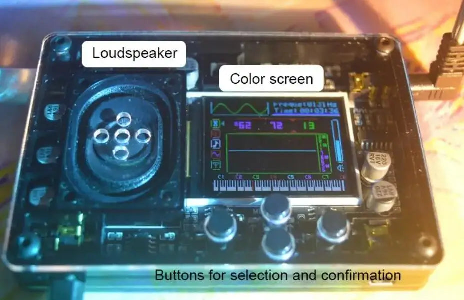 Black theremin musical instrument with color screen and loudspeaker featuring buttons for equipment theremin gift