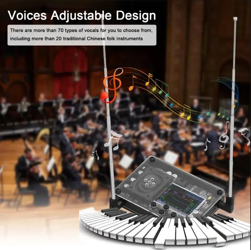 Black theremin musical instrument with digital display knobs and antennas on a circular keyboard base fun geek equipment