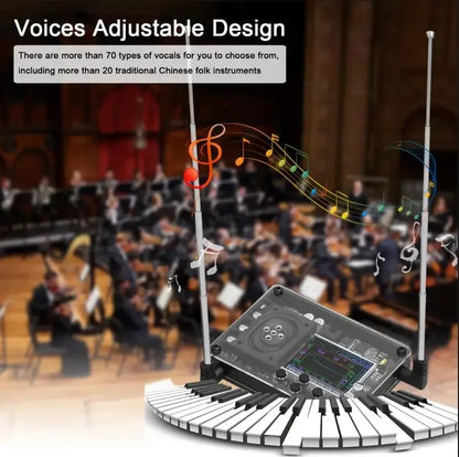 Black theremin musical instrument with digital display knobs and antennas on a circular keyboard base fun geek equipment