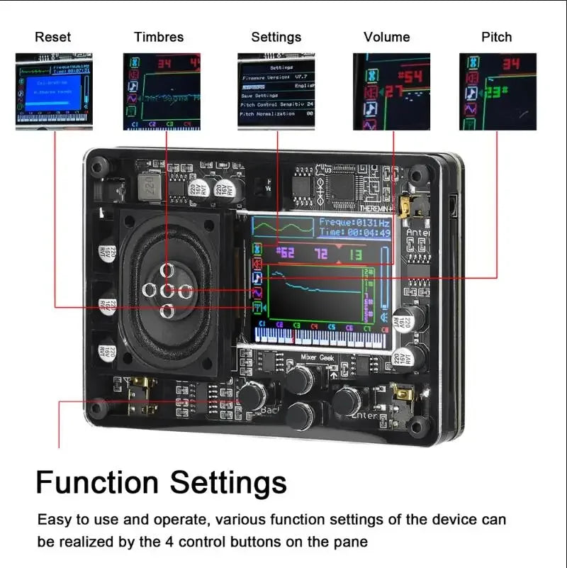 Black rectangular theremin musical instrument audio mixer with lcd screen waveform display and control knobs for fun geek equipment