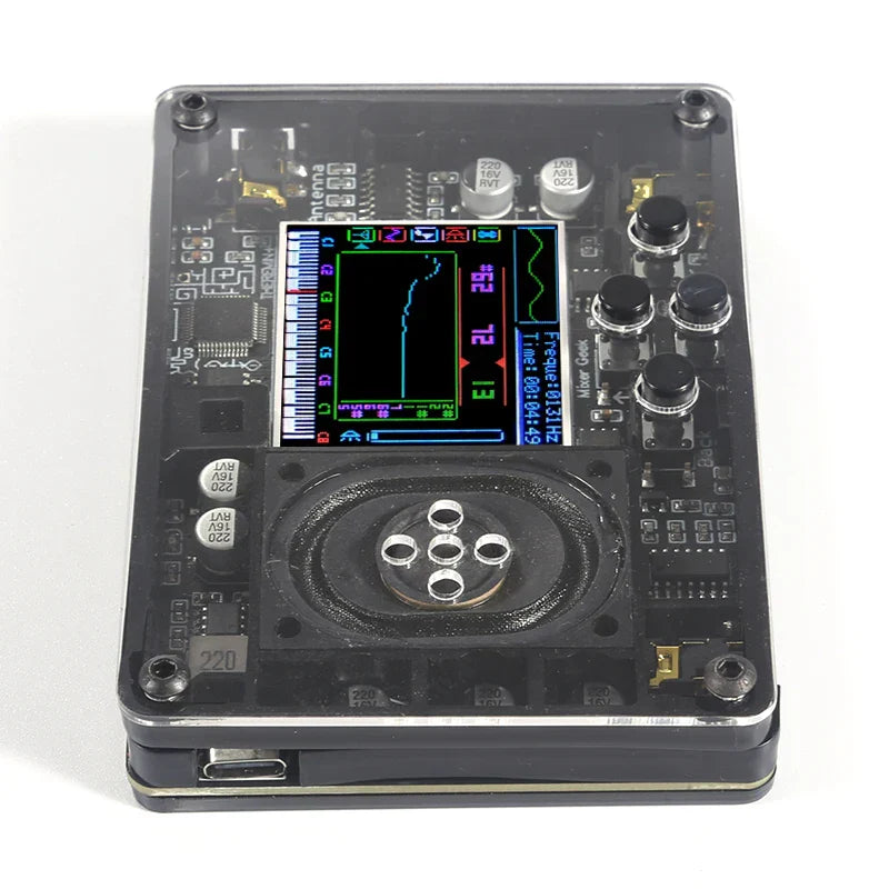 Black transparent case housing a compact theremin musical instrument with colorful display and rotary knobs equipment theremin+ gift for boyfriend music fans