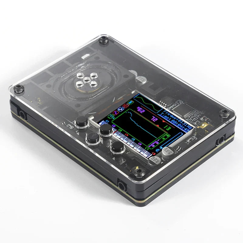 Transparent acrylic-cased handheld oscilloscope with black base and color screen for theremin musical instrument gift fans
