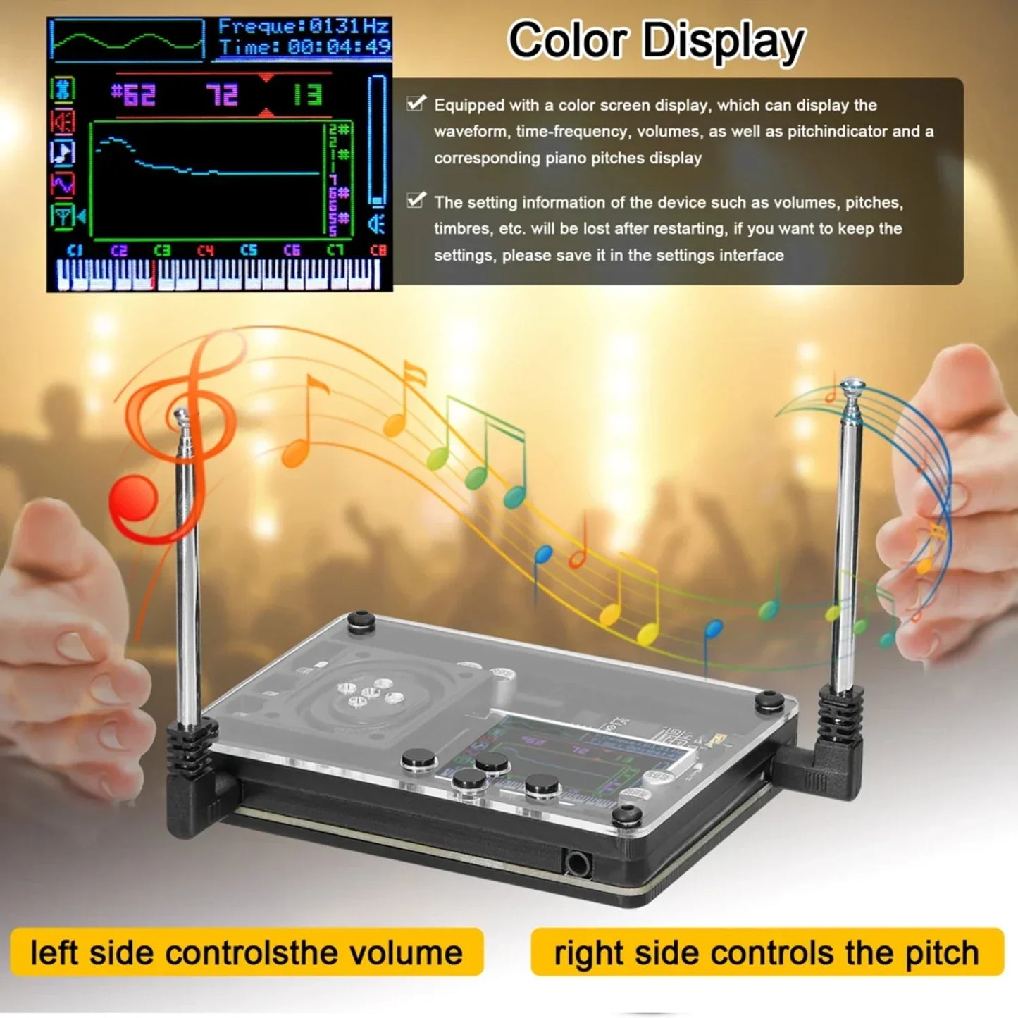 Black theremin toy musical instrument with color screen waveform display and antennas featuring traditional chinese instruments