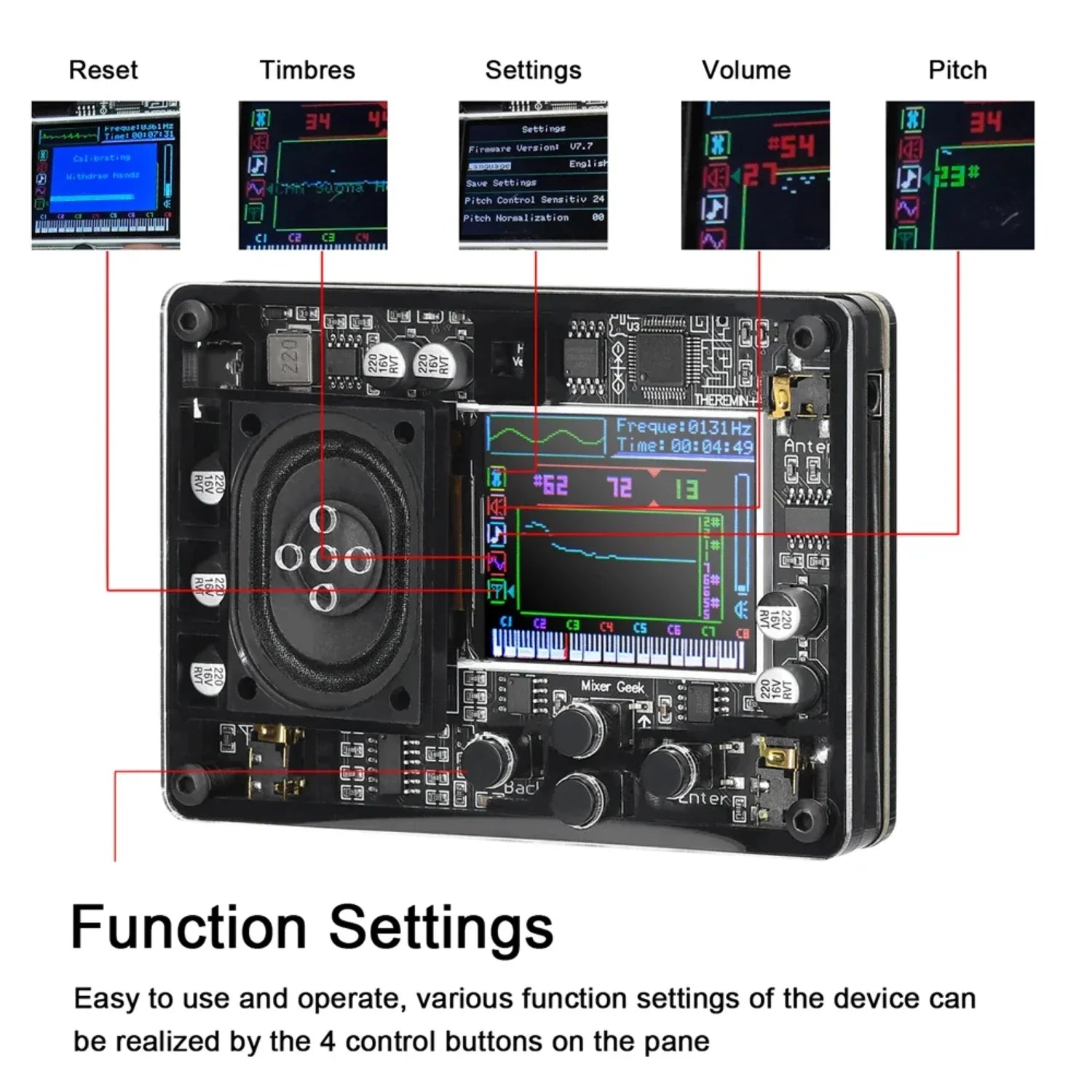 Black rectangular theremin toy musical instrument with color screen waveform display and traditional chinese instruments