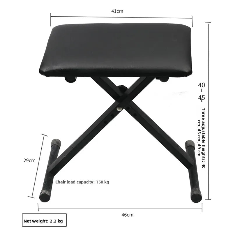 Black padded piano bench with sturdy x-frame metal base and adjustable height support for keys grand pianos electronic piano stand