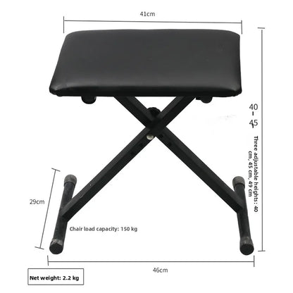 Black padded piano bench with sturdy x-frame metal base and adjustable height support for keys grand pianos electronic piano stand
