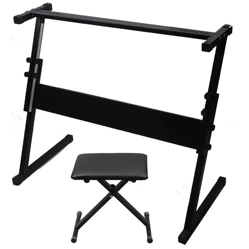 Black metal electronic piano stand with adjustable height support and matching padded folding stool for keys grand pianos