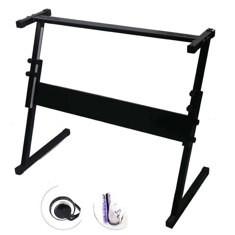 Black metal electronic piano stand with adjustable height support and sturdy z-shaped legs for keys grand pianos