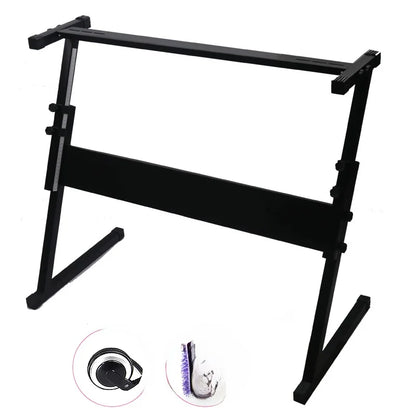 Black metal electronic piano stand with adjustable height support and sturdy z-shaped legs for keys grand pianos
