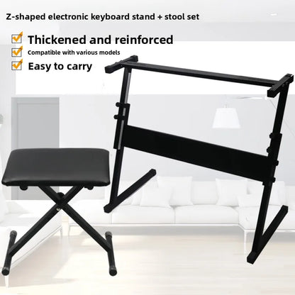 Black z-shaped electronic piano stand with reinforced metal frame and adjustable height support with matching stool