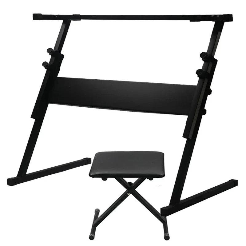 Black metal electronic piano stand with adjustable height support frame and matching padded stool for keys grand pianos