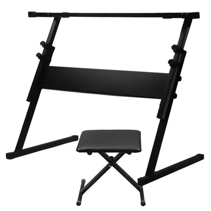 Black metal electronic piano stand with adjustable height support frame and matching padded stool for keys grand pianos