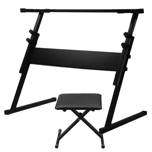 Black metal electronic piano stand with adjustable height support frame and matching padded stool for keys grand pianos