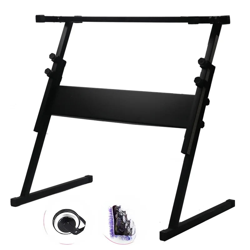 Black metal electronic piano stand with adjustable height support and multiple keyhole slots for keys grand pianos