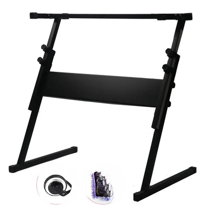 Black metal electronic piano stand with adjustable height support and multiple keyhole slots for keys grand pianos
