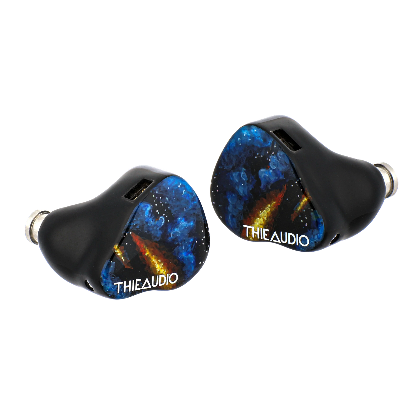 Black thieaudio origin quadbrid iem hifi headphones with cosmic blue and orange nebula design for audiophiles musicians