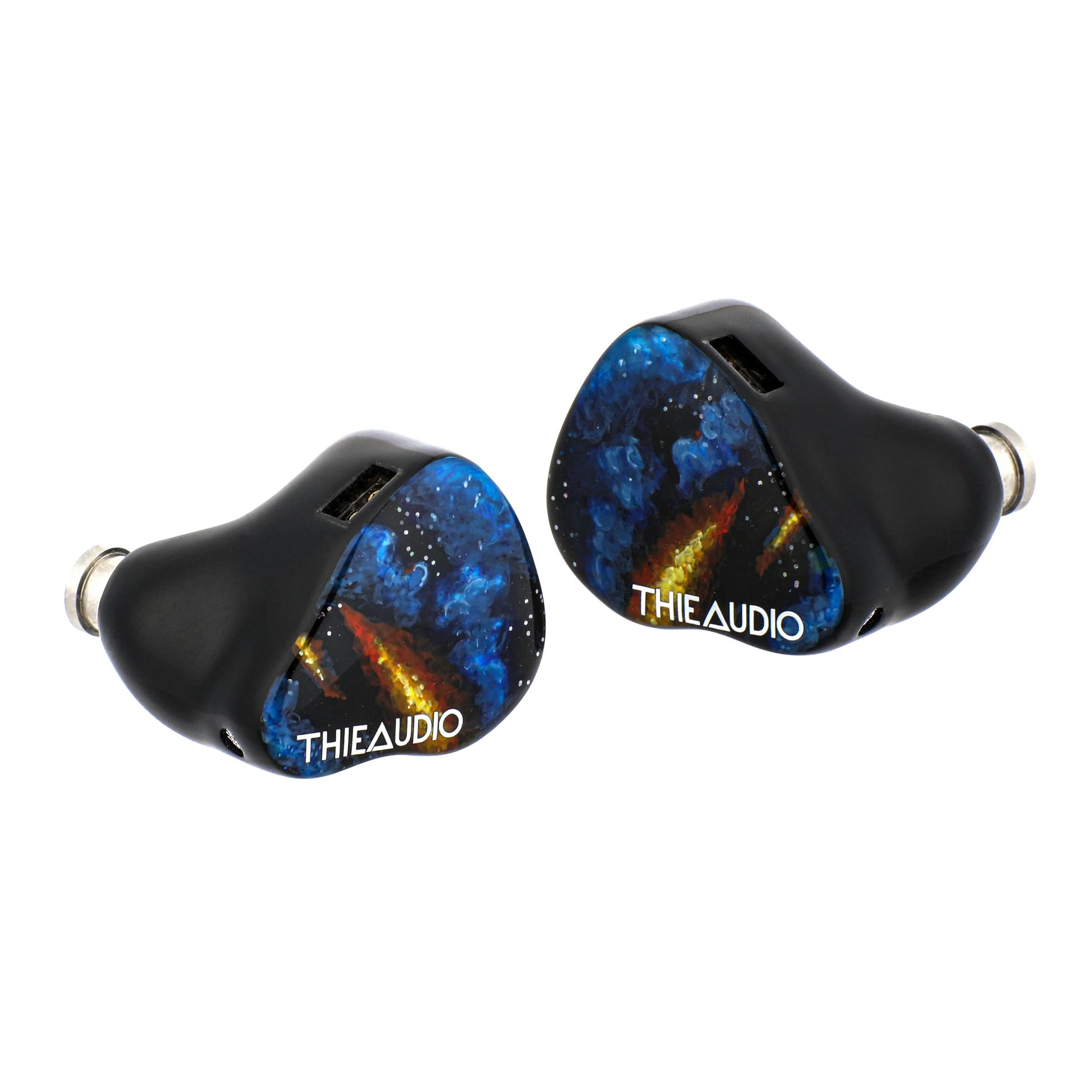 Black thieaudio origin quadbrid iem hifi headphones with cosmic blue and orange nebula design for audiophiles musicians