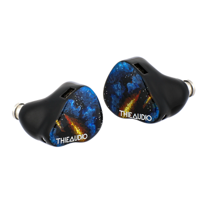 Black thieaudio origin quadbrid iem hifi headphones with cosmic blue and orange nebula design for audiophiles musicians