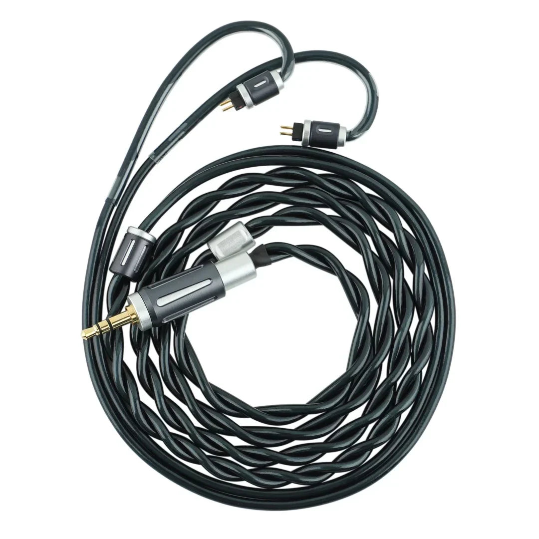 Black twisted audio cable with gold-plated 3.5mm and mmcx connectors and silver metal housing for thieaudio origin quadbrid iem hifi