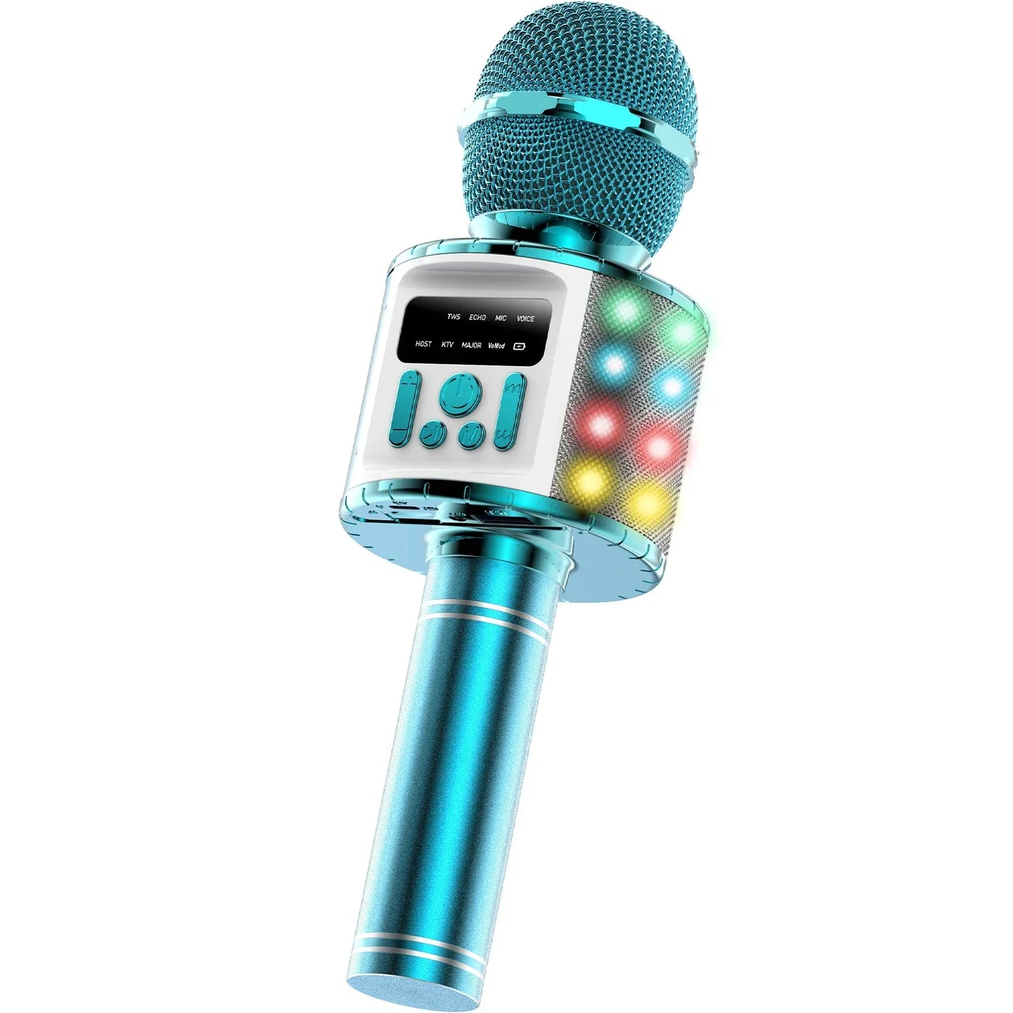 Teal and white portable karaoke microphone with mesh grille, colorful led lights, and control buttons for gatherings and parties