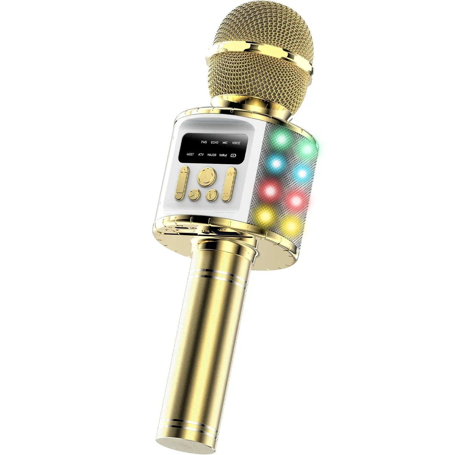 Gold-colored portable karaoke microphone with mesh grille, white control panel, led display, and rgb lights for gatherings
