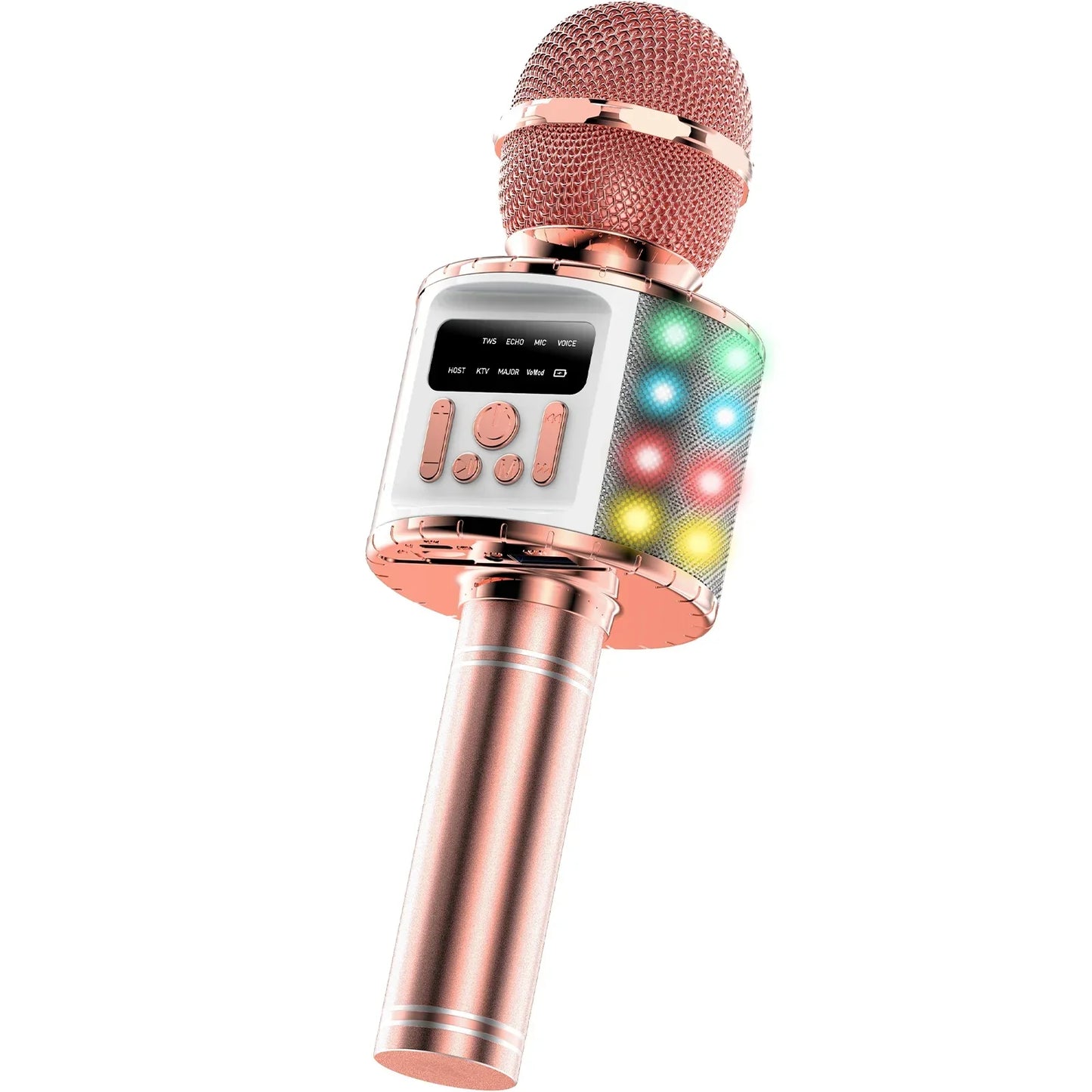 Rose gold wireless portable karaoke microphone with mesh grille colorful led lights and control buttons for family parties