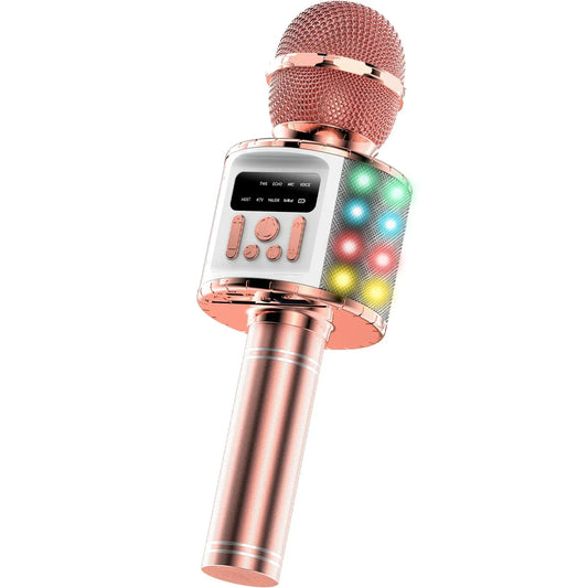 Rose gold wireless portable karaoke microphone with mesh grille colorful led lights and control buttons for family parties