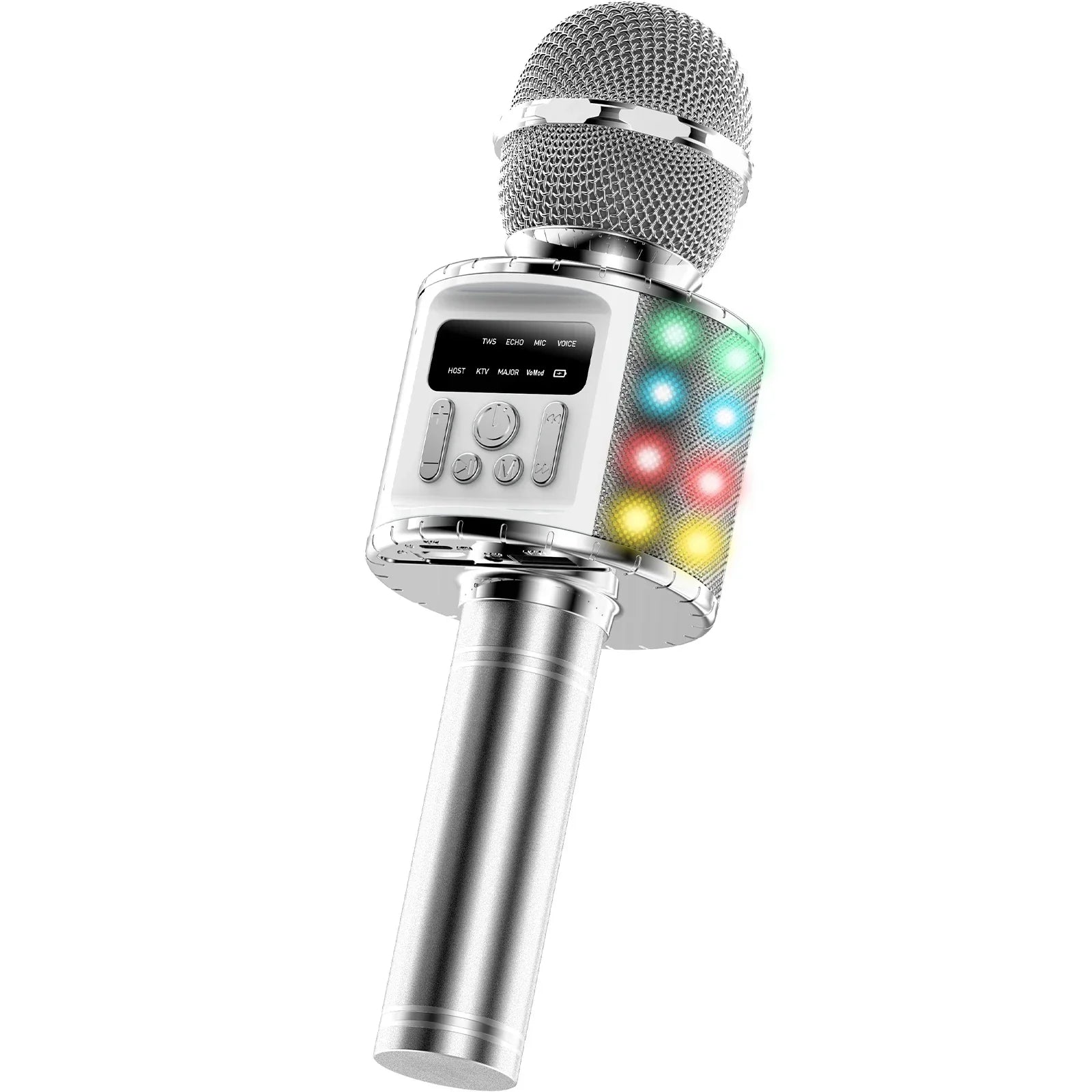 Silver portable karaoke microphone with mesh grille colorful led lights and echo volume controls for parties and gatherings