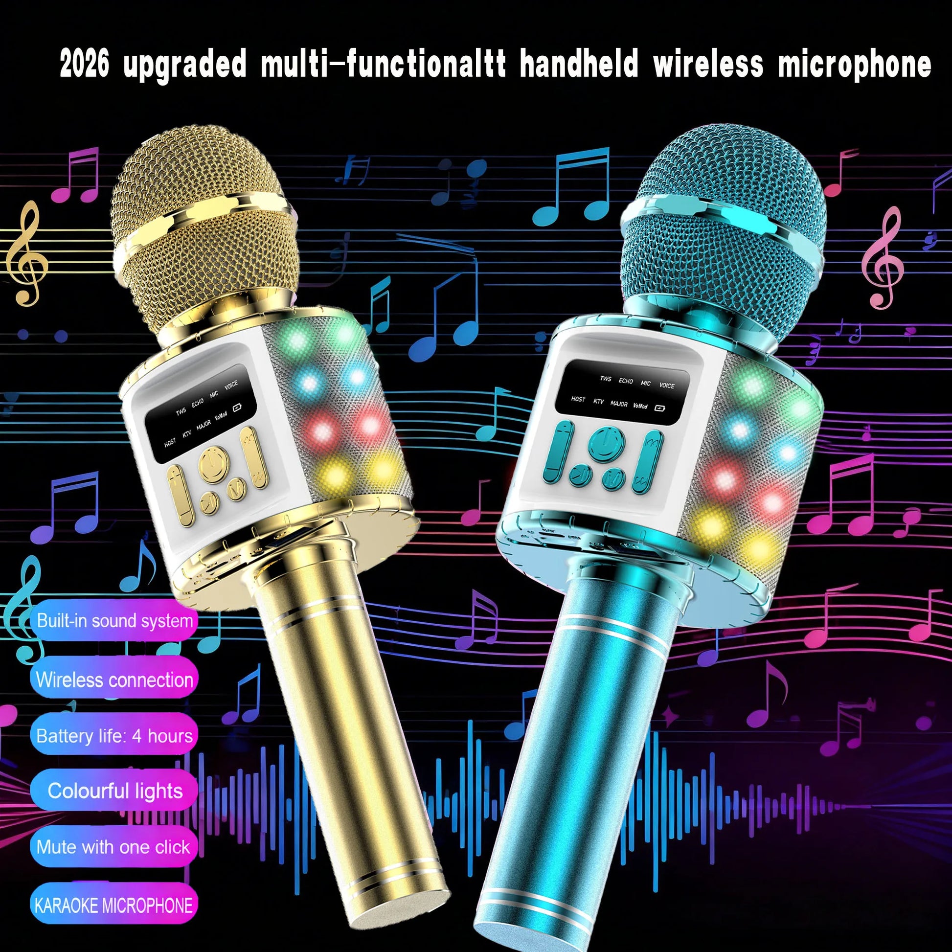 Gold and teal wireless portable karaoke microphone with colorful led lights and built-in sound system for parties