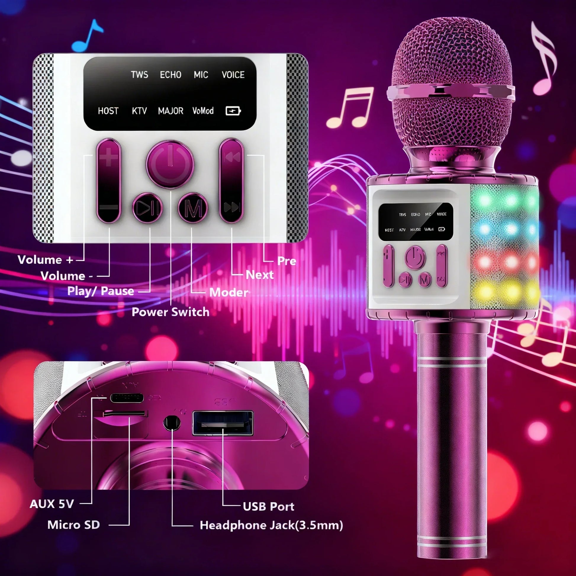 Pink and white portable karaoke microphone with mesh grille, colorful led lights, and multifunctional control buttons for parties