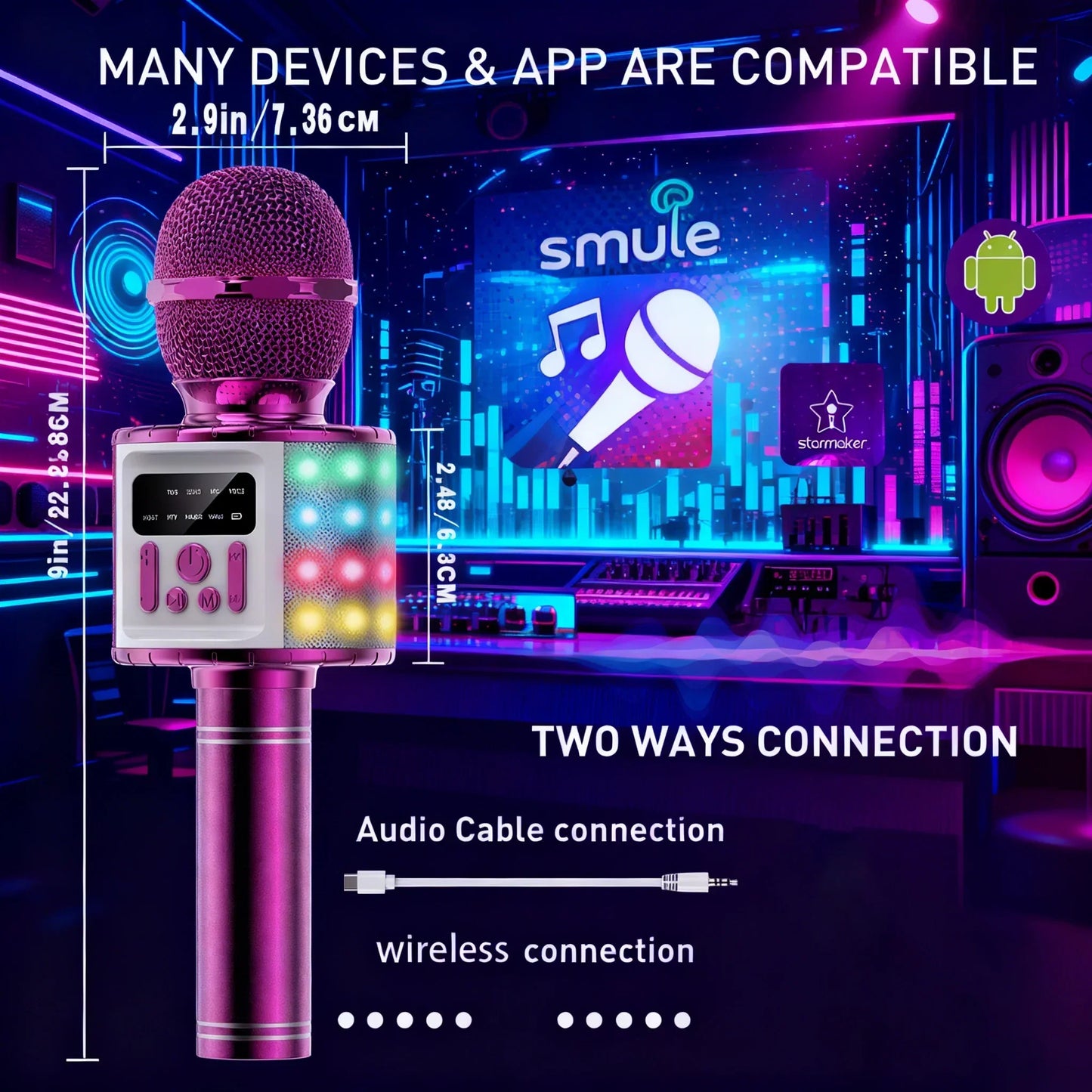 Pink portable karaoke microphone with mesh grille, led lights, and control buttons perfect for family parties and gatherings