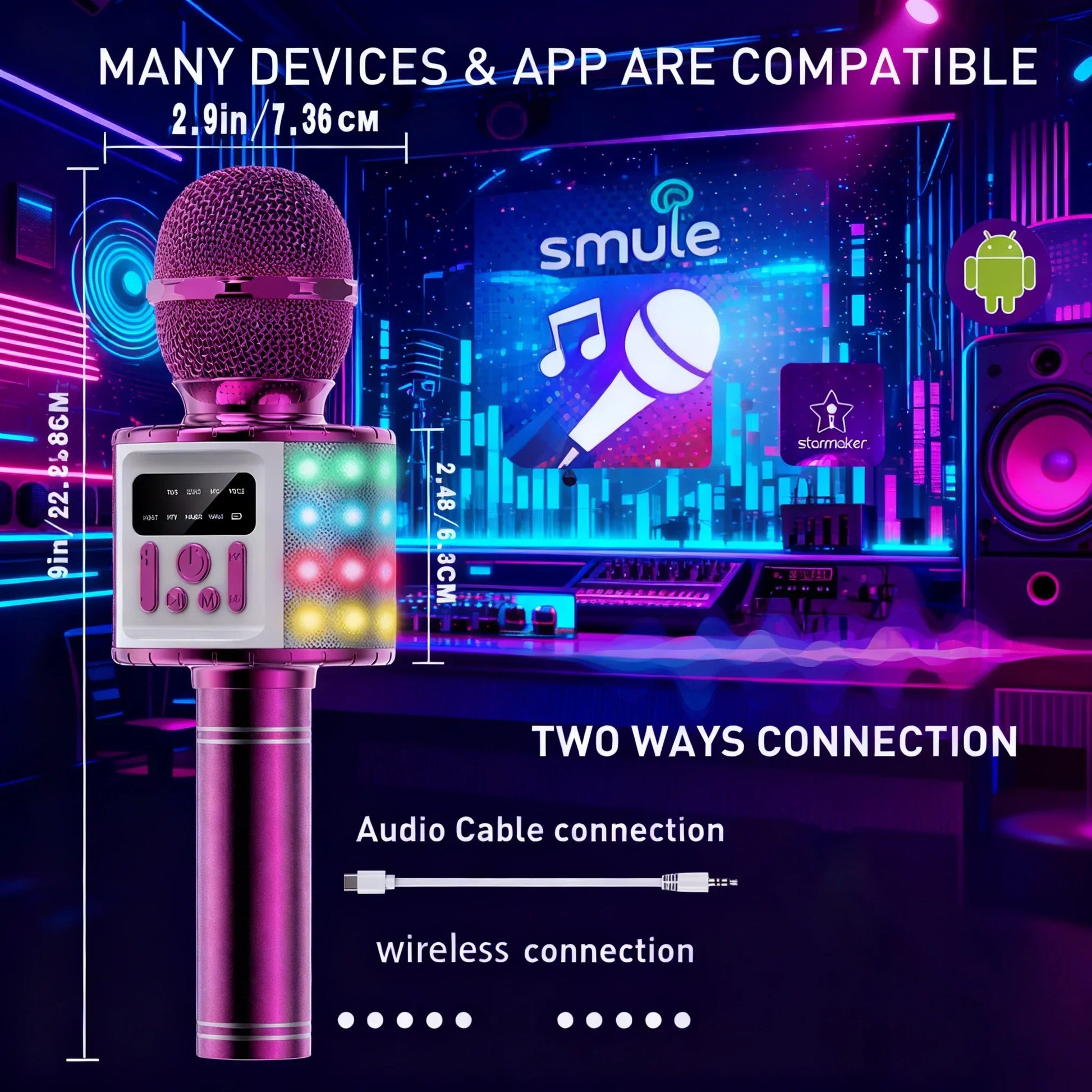 Pink portable karaoke microphone with mesh grille, led lights, and control buttons perfect for family parties and gatherings