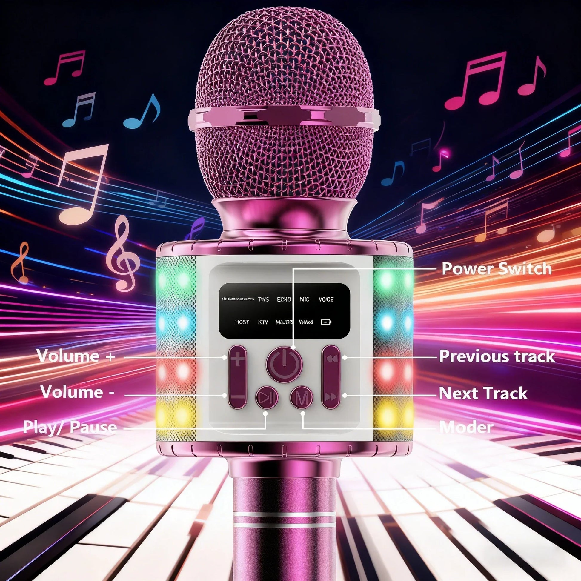 Pink portable karaoke microphone with mesh grille, colorful led lights, and control buttons for parties and gatherings