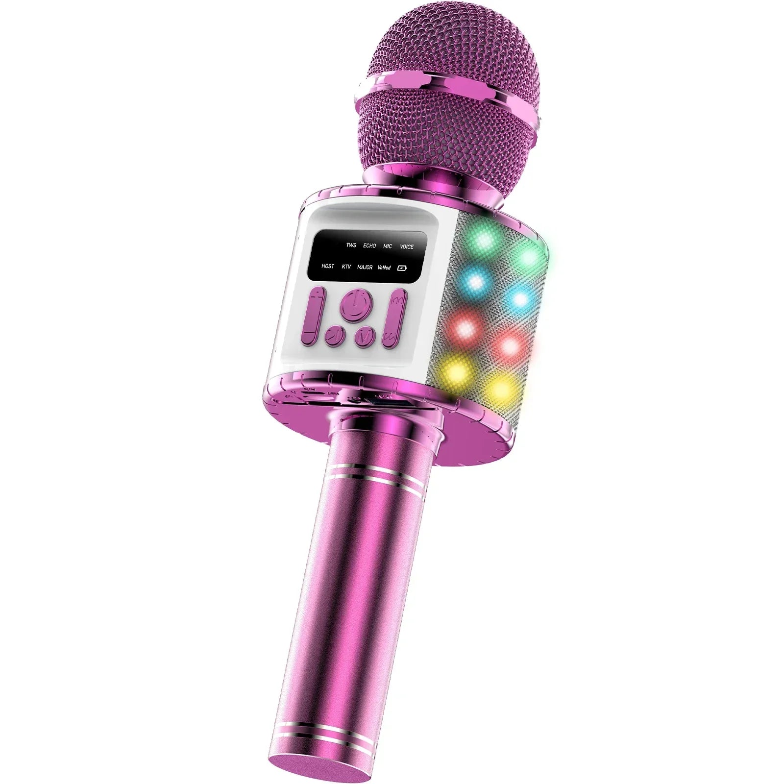 Pink portable karaoke microphone with textured grille led lights and control buttons for gatherings and parties