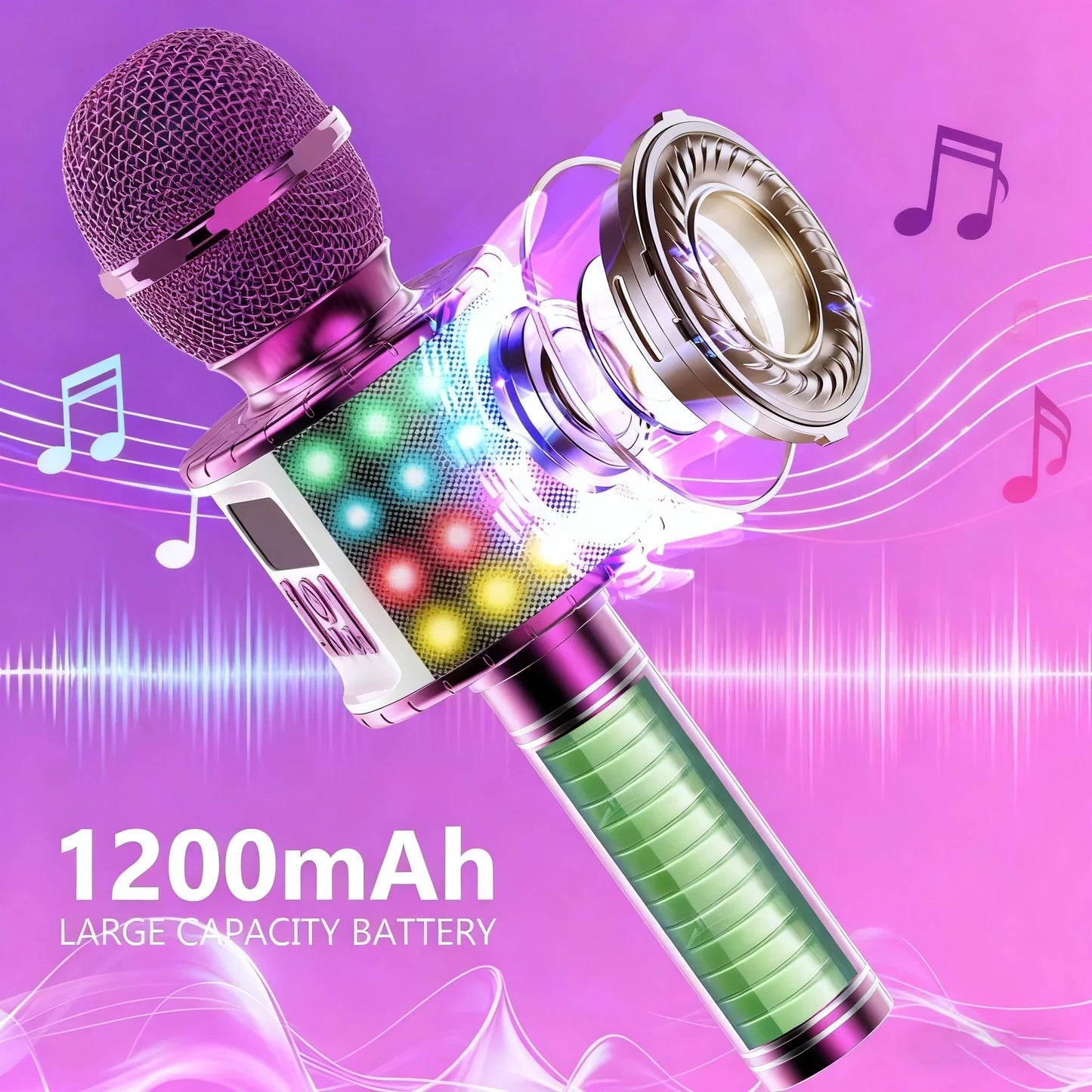 Purple and green portable karaoke microphone with built-in speaker, led lights, and 1200mah battery for parties