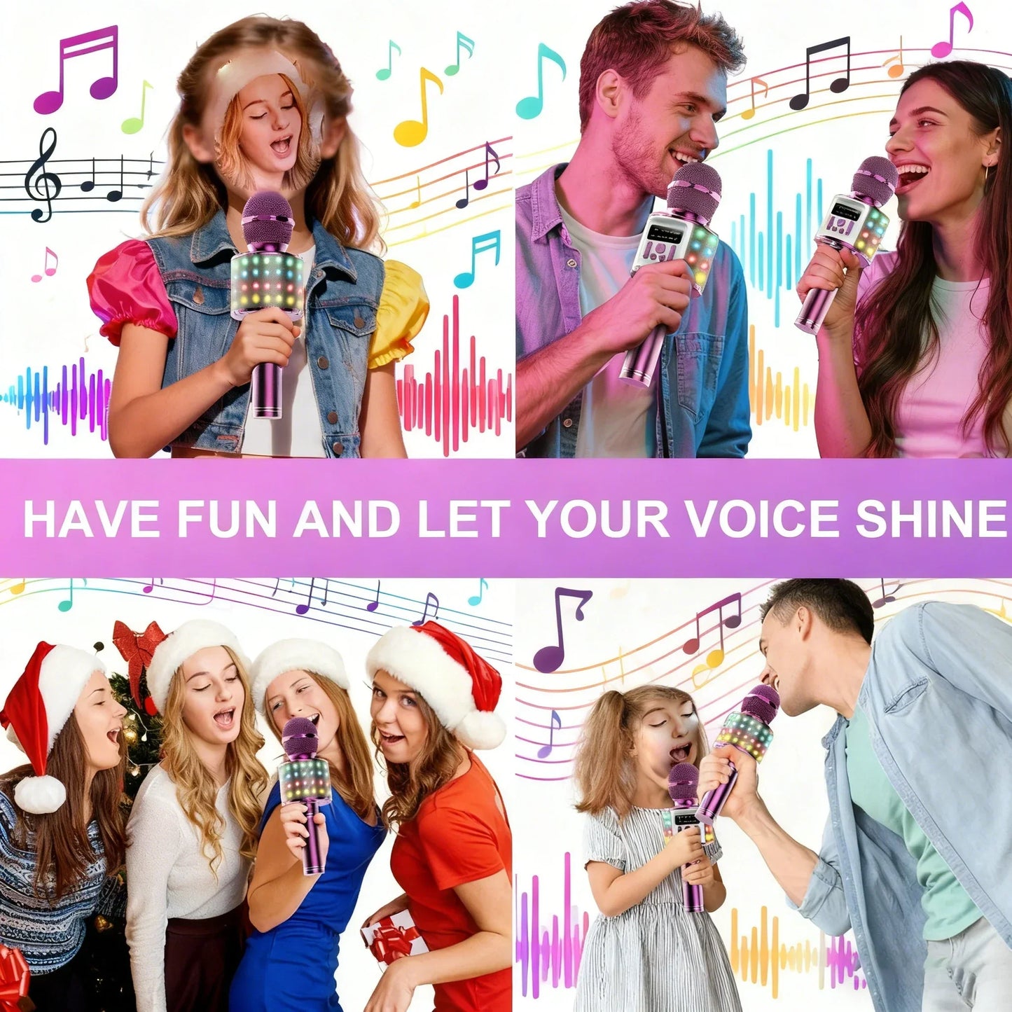 Portable karaoke microphone in purple and silver with colorful led lights ideal for gatherings and family parties