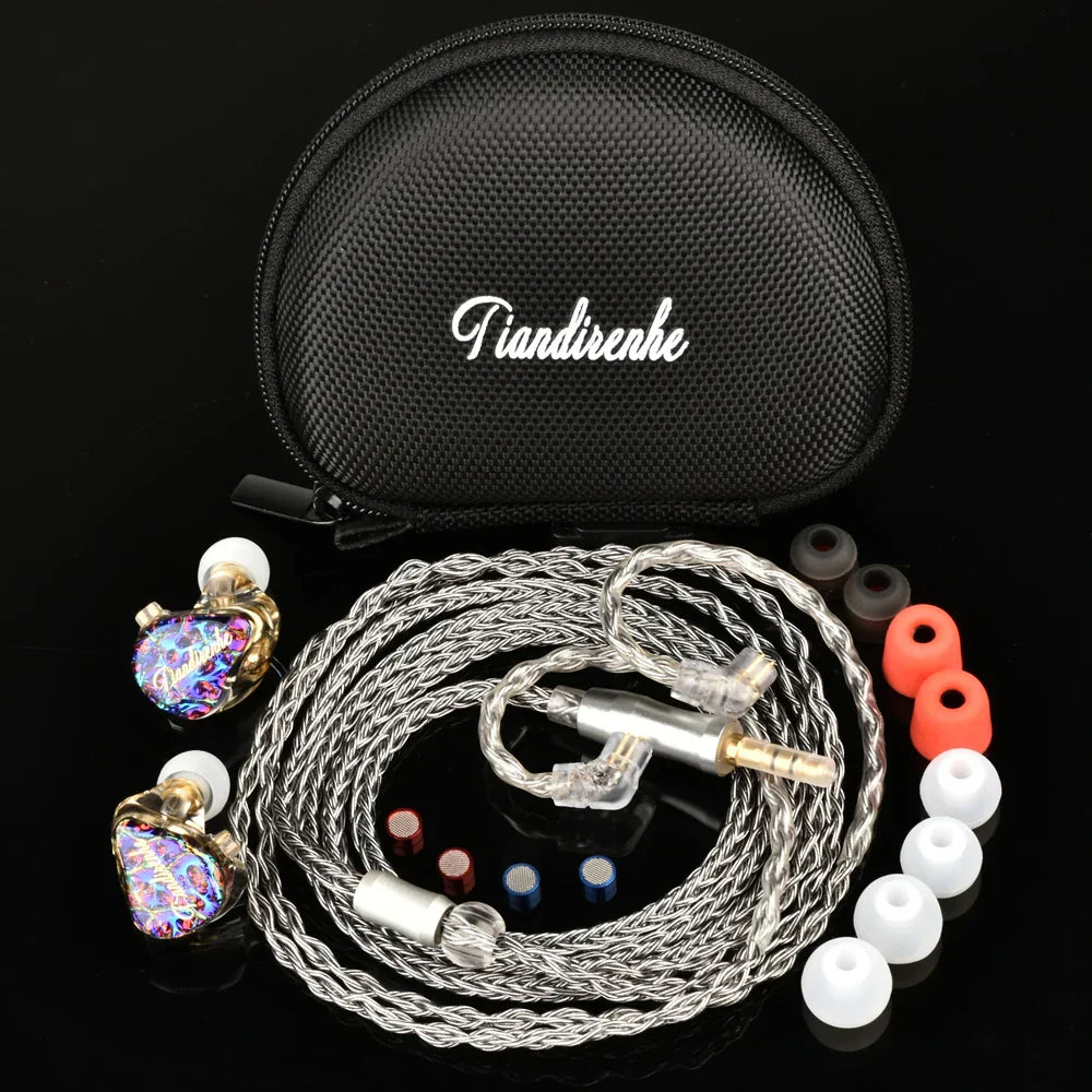 Tiandirenhe td08pro odin panel bass hifi earphones with iridescent heart-shaped casings and gold accents design