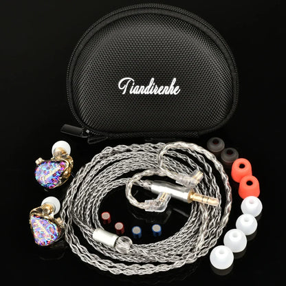 Tiandirenhe td08pro odin panel bass hifi earphones with iridescent heart-shaped casings and gold accents design