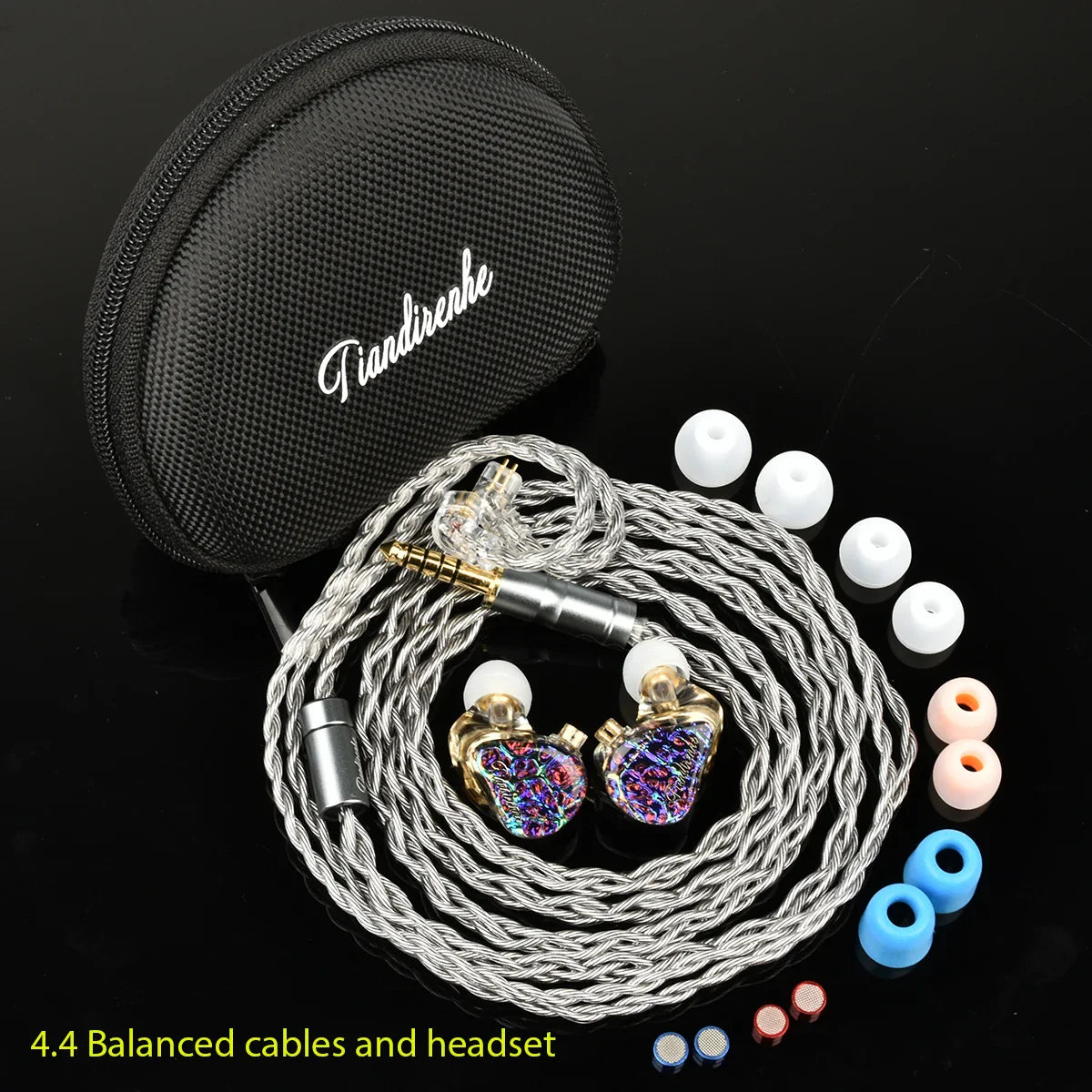 Tiandirenhe TD08pro Odin panel bass hifi earphones with iridescent heart-shaped housings and silver braided cable