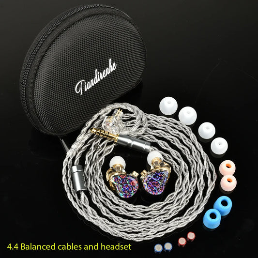 Tiandirenhe TD08pro Odin panel bass hifi earphones with iridescent heart-shaped housings and silver braided cable
