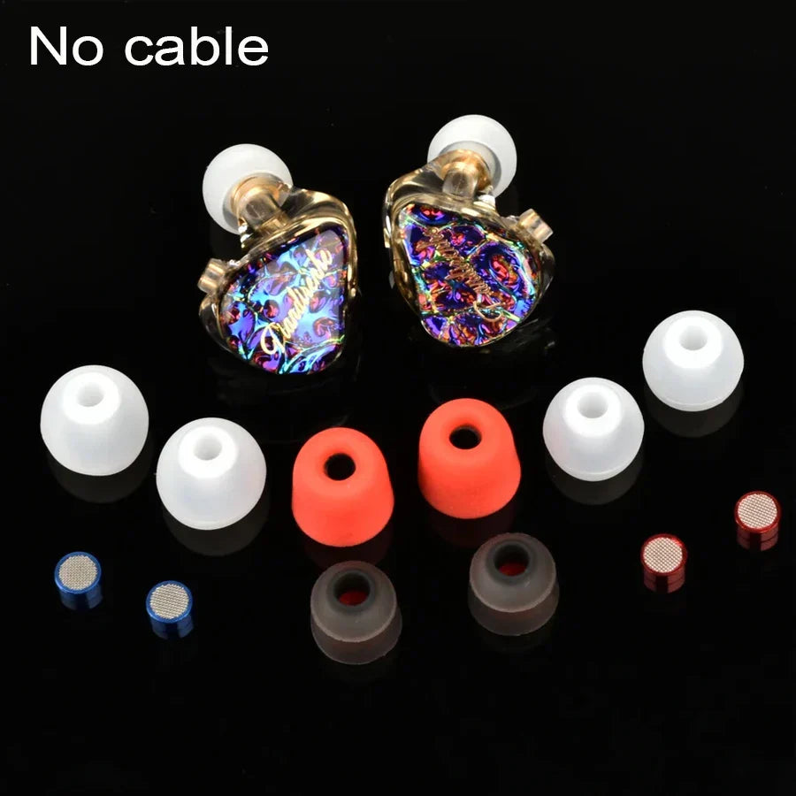 Golden tiandirenhe td08pro odin panel bass hifi earphones with iridescent internal panels and white silicone tips