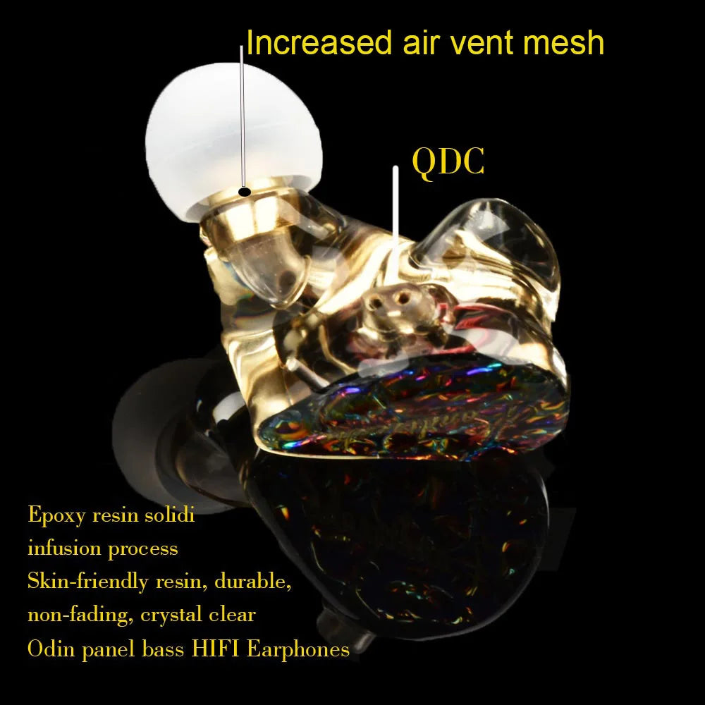 Golden transparent resin tiandirenhe td08pro odin panel bass hifi earphones tuning with white silicone tip and iridescent detail