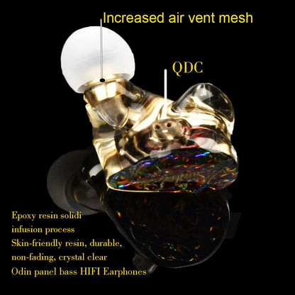 Golden transparent resin tiandirenhe td08pro odin panel bass hifi earphones tuning with white silicone tip and iridescent detail