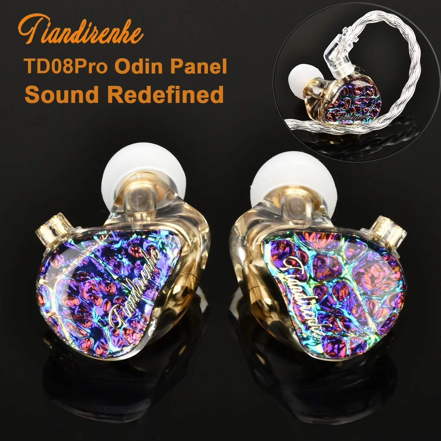 Tiandirenhe td08pro odin panel hifi earphones with iridescent resin panels gold-plated housing and odin panel bass tuning