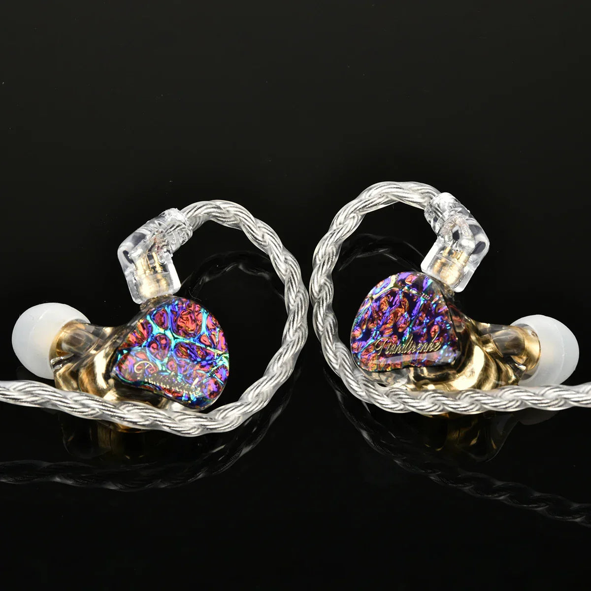 Iridescent heart-shaped tiandirenhe td08pro odin panel bass hifi earphones tuning with purple red swirls and silver braided cable